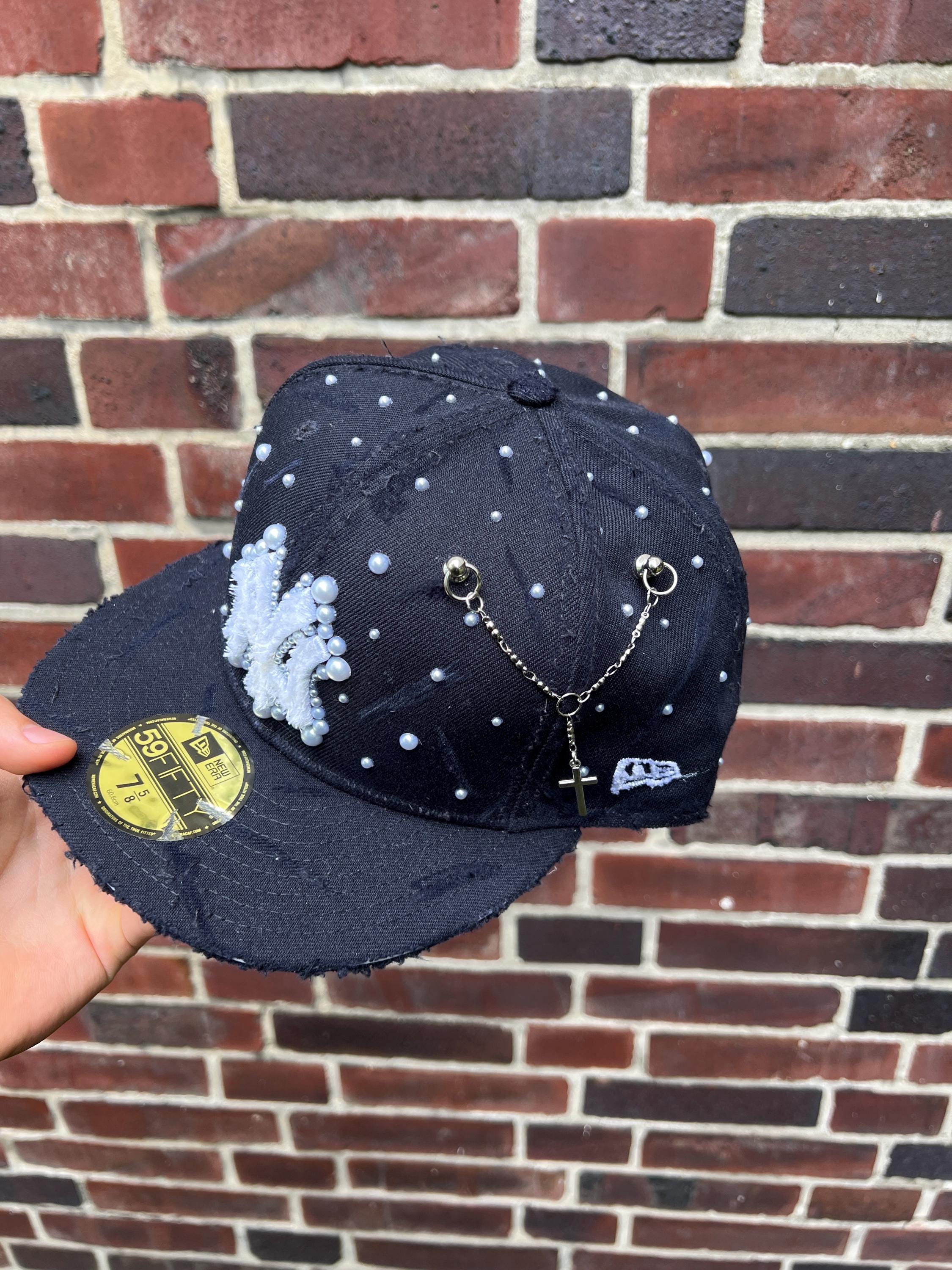 Custom Pearl New Era Fitted Cap with cross chain