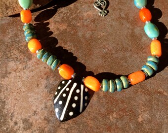 Sankofa choker ceramic and quartzite orange necklace. African inspired necklace.