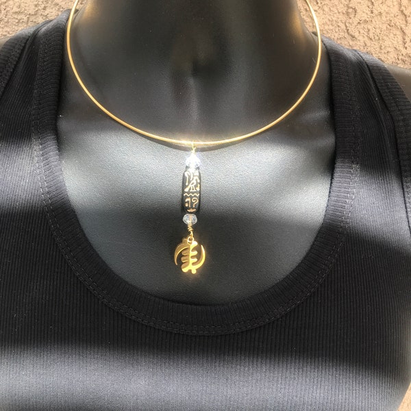 Gold toned Adinkra choker adorned  with  Egyptian cartouche with gold inlay hieroglyphics