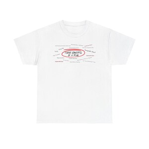 May include: White t-shirt with a red circle around the text "I have concepts of a plan". The circle is surrounded by handwritten text, including "Taking risks", "Swifty", "Unexpected Aliens", and "Outside the box ideas".