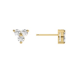 14k Three Stone Stud Earrings, Solid Gold Lab Diamonds Earring, 3 Shared Prong Set, Dainty Minimalist Earrings, Anniversary Gift For Her