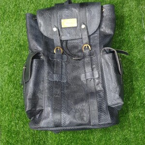 Personalized Leather Travel Backpack for Men - Snakeskin Embossed Custom Rucksack with Laptop Sleeve