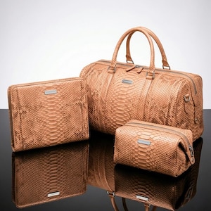 Puede incluir: Un conjunto de tres maletas de viaje de cuero marrón a juego. El conjunto incluye una bolsa de lona grande con asas, un clutch rectangular y un neceser más pequeño. Cada bolsa presenta un patrón de piel de reptil y una placa metálica plateada.