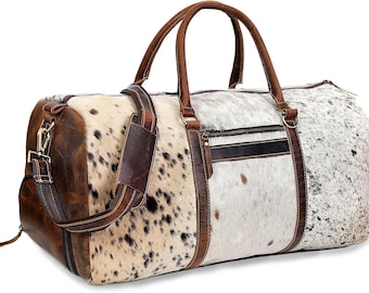 Rindsleder Weekender, Hair-On Hide Travel Duffle, handgefertigtes personalisiertes Handgepäck