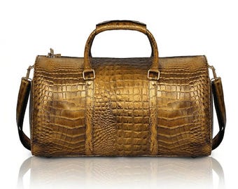 Sac de voyage en cuir gaufré effet croco doré, sac de week-end de voyage de luxe, sac de voyage texturé crocodile