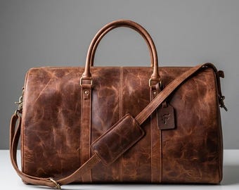 Mala de viagem conversível em couro legítimo, estilo duffle, com compartimento para terno e sapatos.