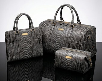 Ensemble de sacs de voyage personnalisés en cuir embossé python – Trio de voyage gris mat