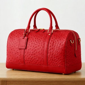 Può includere: Una borsa da viaggio rosso brillante con una finitura in pelle testurizzata effetto struzzo. La borsa include due manici superiori, una chiusura a zip color oro e un'etichetta per bagagli in pelle rossa abbinata. Base rettangolare rigida.