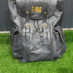 Personalized Leather Travel Backpack for Men - Snakeskin Embossed Custom Rucksack with Laptop Sleeve