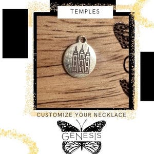 May include: A small, round, silver-colored pendant with a detailed engraving of three temple structures. The pendant has a loop at the top for attaching to a necklace. The word "TEMPLE" is above the pendant. The text "CUSTOMIZE YOUR NECKLACE" and the word "GENESIS" are also visible.