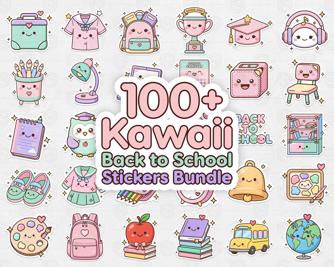 Kawaii Back to School Sticker Bundle PNG | 100 Cute School Supply ...