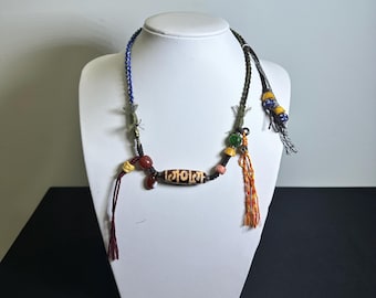 13" Adjustable Tibetan Dzi Stone Necklace – Handmade Colorful Spiritual Jewelry from Natural Tibetan Agate – Meaningful Gift Idea