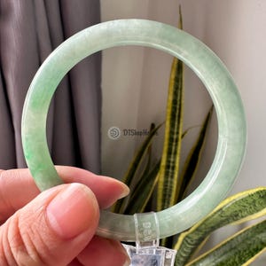 Puede incluir: Un brazalete de jade verde claro. El brazalete circular es sostenido por una mano. El jade tiene una calidad translúcida, con variaciones de color. El fondo incluye una planta con hojas largas y verdes.