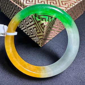 Brazalete de jade natural de 53 mm – Brazalete fino de jadeíta birmana “Phuc Loc Tho”, colores verde, amarillo y blanco – Regalo de piedra certificada para ella
