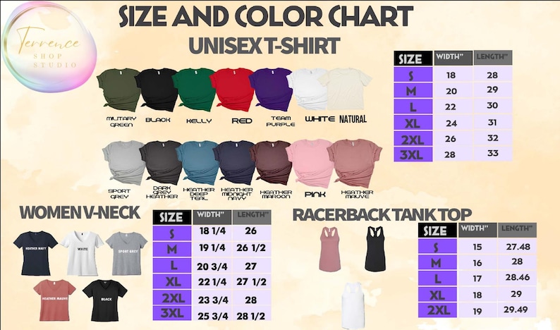 Puede incluir: Tabla de tallas y colores para camisetas unisex, camisetas de cuello en V para mujer y tops de tanque racerback. La tabla incluye medidas de ancho y largo en pulgadas para cada talla: S, M, L, XL, 2XL y 3XL.