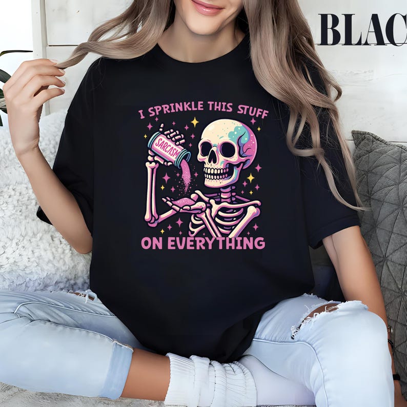 funny skeleton shirt, sprinkle sarcasm tee, sarcastic goth tee, mental health humor, skull graphic shirt, pastel goth tshirt, snarky quote shirt, skeleton attitude tee, sarcastic graphic tee, alt style humor tee, edgy mental health tee, funny skull graphic, quirky sarcasm tee