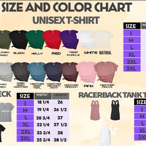 以下が含まれることがあります： ユニセックスTシャツ、レディースVネックシャツ、レーサーバックタンクトップのサイズとカラーチャート。チャートには、各サイズ（S、M、L、XL、2XL、3XL）の幅と長さの寸法（インチ）が記載されています。
