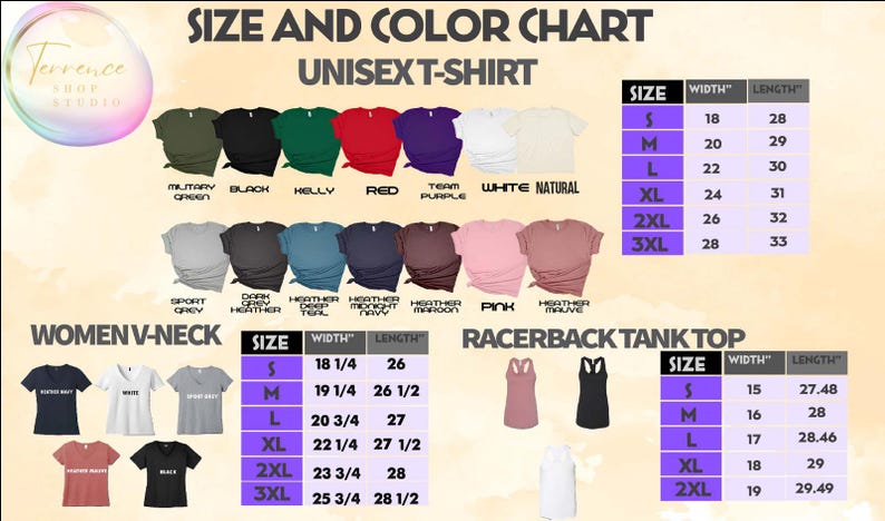 以下が含まれることがあります： ユニセックスTシャツ、レディースVネックシャツ、レーサーバックタンクトップのサイズとカラーチャート。チャートには、各サイズ（S、M、L、XL、2XL、3XL）の幅と長さの寸法（インチ）が記載されています。