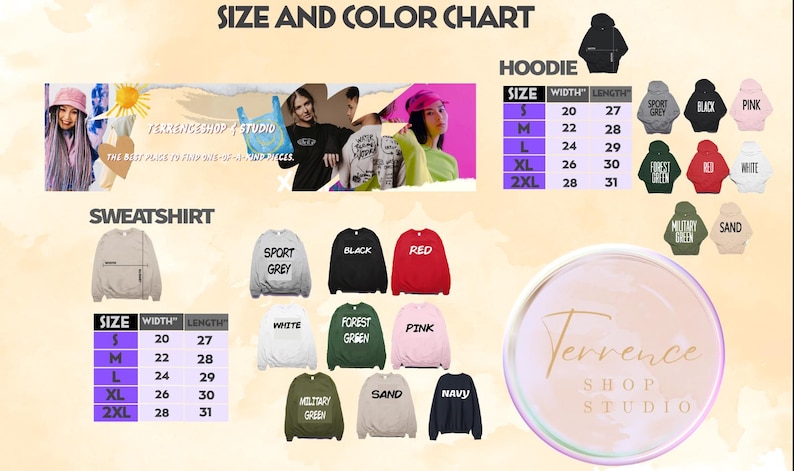 Puede incluir: Tabla de tallas y colores para sudaderas con capucha y sudaderas. La tabla muestra las medidas de ancho y largo en pulgadas para las tallas S, M, L, XL y 2XL. Los colores disponibles son: Gris deportivo, Negro, Rojo, Blanco, Verde bosque, Rosa, Verde militar, Arena y Azul marino.