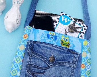 Blue Owls with Trees Upcycled Jean Purse Hobo Bag