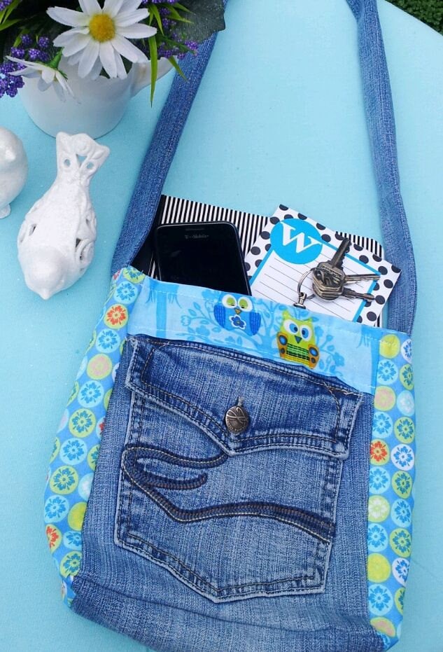 Blue Owls with Trees Upcycled Jean Purse Hobo Bag