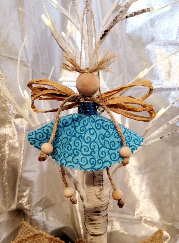 Holiday Christmas Angel Ballerina Blue Swirls Doll Wood Ornament