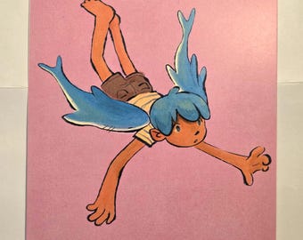 May include: A whimsical illustration on pink paper depicts a person with blue hair and blue wing-like appendages, floating in a dynamic pose. The person wears a yellow and white striped shirt and brown shorts, with outstretched arms and legs. The artwork has a cartoonish style.