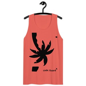 May include: Coral orange tank top with a black silhouette of a palm tree and the text "code Guard" printed on the front.