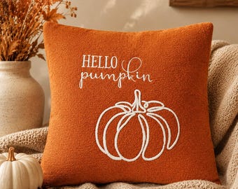 Funda de cojín Hello Pumpkin, funda de almohada otoñal de 45 x 45 cm, almohada decorativa de otoño, cojín de calabaza naranja, decoración para el hogar de Acción de Gracias / Paquete de 1