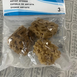 May include: A package of three natural sea sponges for art projects. The package is labeled "Artist Sponge" in English, Spanish, and French. The sponges are light brown and have a honeycomb texture.