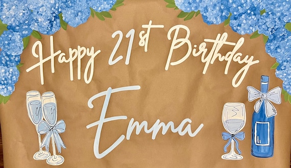 リリパットレーン　HAPPY 21st BIRTHDAY Custom, Hand-painted Party Banner | Blue Bows & Hydrangeas 21st