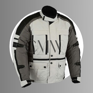 May include: A gray and white motorcycle jacket with a black collar and zipper. The jacket has multiple pockets and reflective strips.