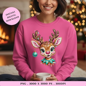 Christmas Lights Reindeer PNG Sublimation, Oil Painting Brush Strokes, Pink Teal Festive Ornament, Trendy Holiday Digital Download