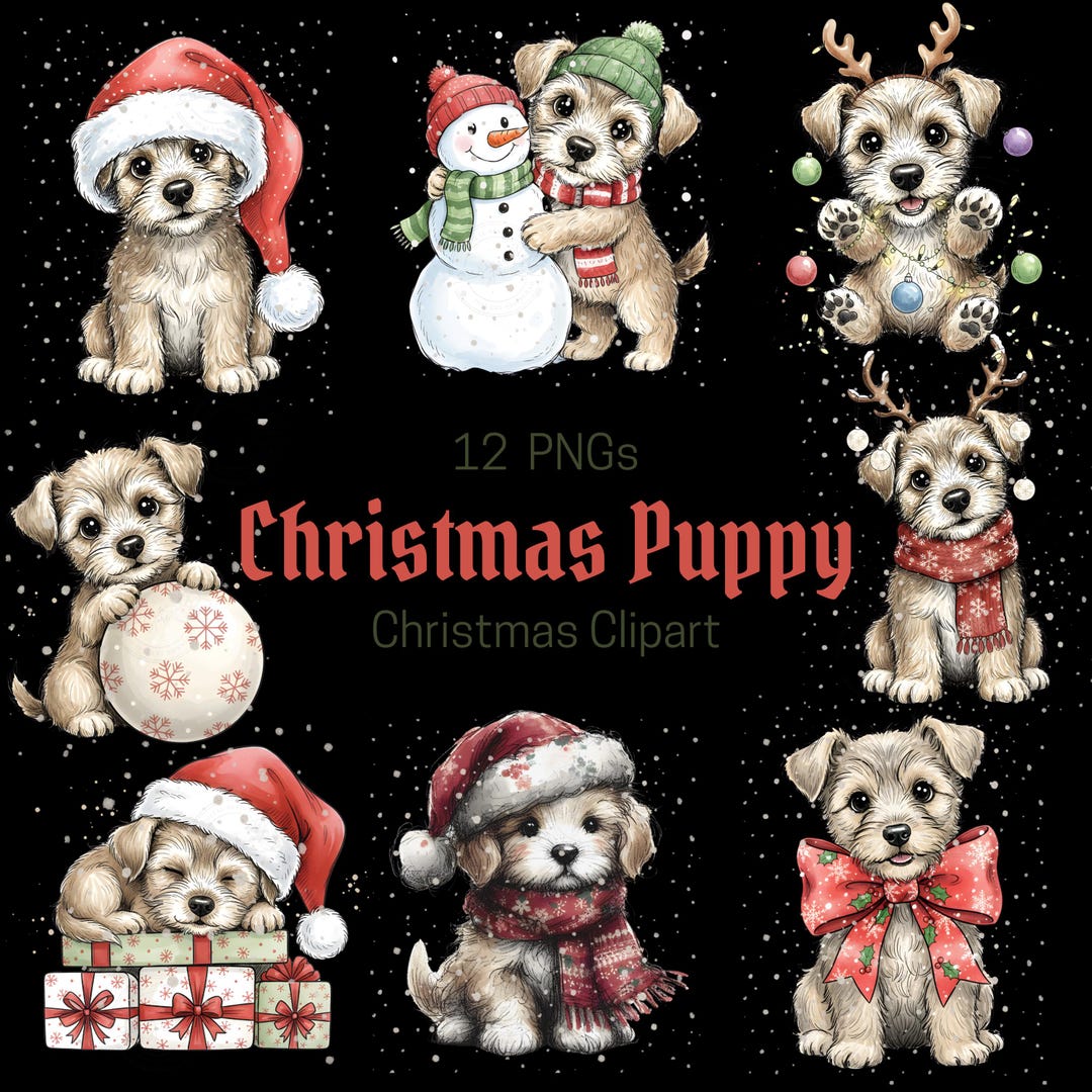 12 Christmas Puppy Clipart PNG Bundle, Cute Xmas Dog Sublimation ...