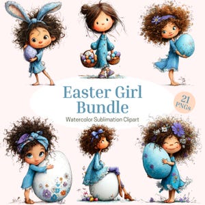 Peut inclure: Un ensemble d'art numérique sur le thème de Pâques, comprenant six illustrations de filles aux cheveux bouclés, vêtues de robes bleues et tenant des œufs de Pâques ou des paniers. Le texte "Easter Girl Bundle" et "Watercolor Sublimation Clipart" est affiché.