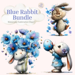 Op de afbeelding: Watercolor clipart bundel met een blauw konijn thema. De afbeelding bevat illustraties van konijnen met blauwe bloemen en een paasei. Tekst luidt "Blue Rabbit Bundle" en "Watercolor Sublimation Clipart".