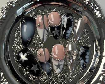 Starlit Reverie: Celestial black and Silver Star Press-on Nails with Chrome Accents, Angel Charms Trendy Stargazer Nail Almond Shape