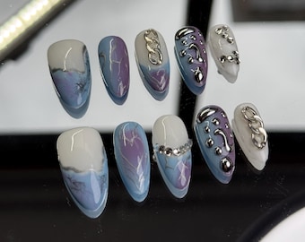 Galactic Marble Press-On Nails: Silber Kette Mandel Nägel Set