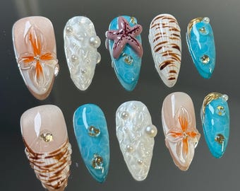 Seaside Press-On Nail Set: Aqua, Pearl & Starfish Design