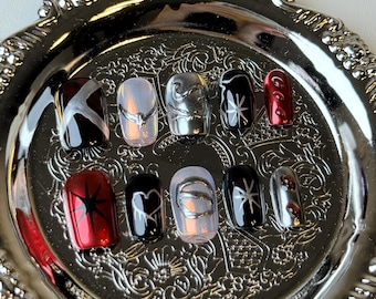 Gothic Glam Press-On Nails: Rot, Schwarz und Silber Stern Set