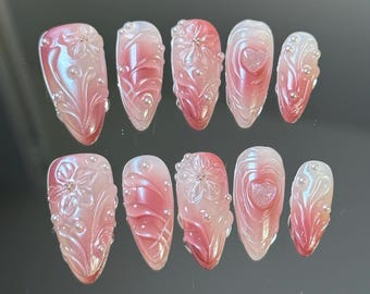 Iridescent Pink Press-On Nails: Rosy Swirl Almond Floral Design