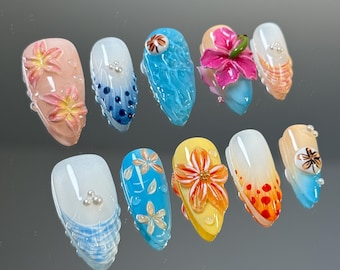 Tropical Press-On Nails: 3D Hibiscus, Ocean Waves, Island Getaway