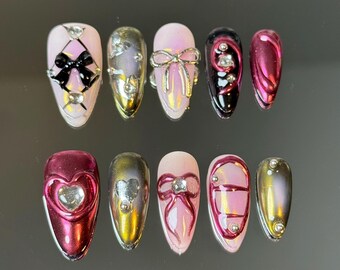 Glamour Noir Press-on Nails: Black, Pink, Chrome Bow & Heart Design