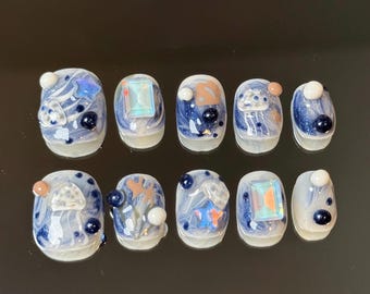 Jellyfish Press-On Nails: 3D Ocean Swirls, Blue Accent Short Set
