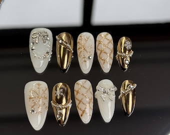 Gold Glitter Press-On Nails: Elegant Rhinestone Almond Nail Set