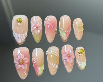 3D Flower Press-On Nails: Pastel Almond Gel Nails with Gold & Pearls