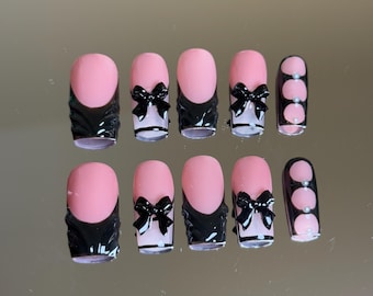 Schwarz Schleife Drücken Sie die Nägel: Elegante Rosa Französische Spitzen, Handgemacht