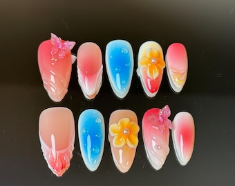 Sunset Blossom Press-On Nails: 3D Flower & Butterfly, Summer Hues