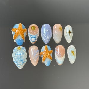 3D Starfish Press On Nails: Ocean Blue & Peach Almond Set