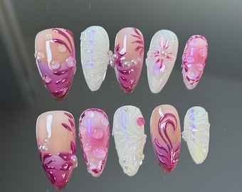 Iridescent Pink Chrome Press-On Nails: 3D Gel Flower Almond Nails